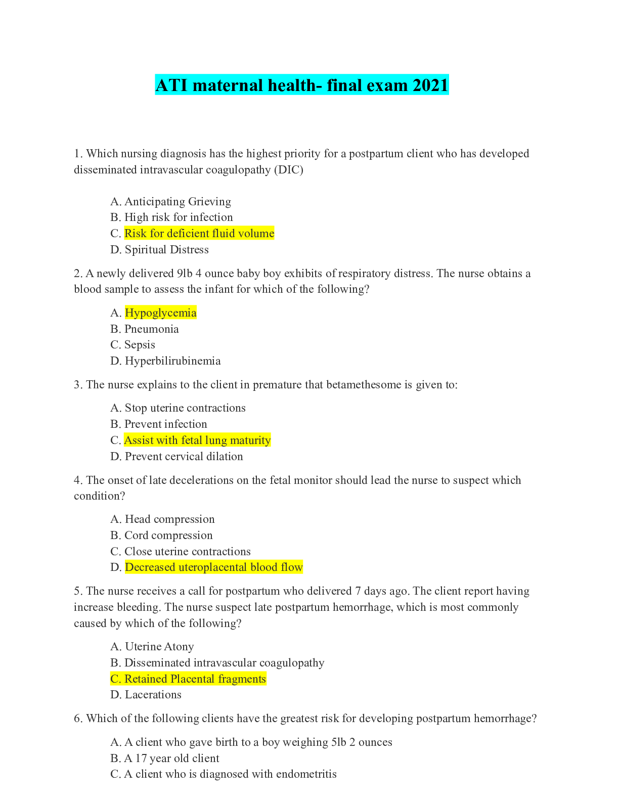Preview image for ATI maternal health- final exam 2021.pdf